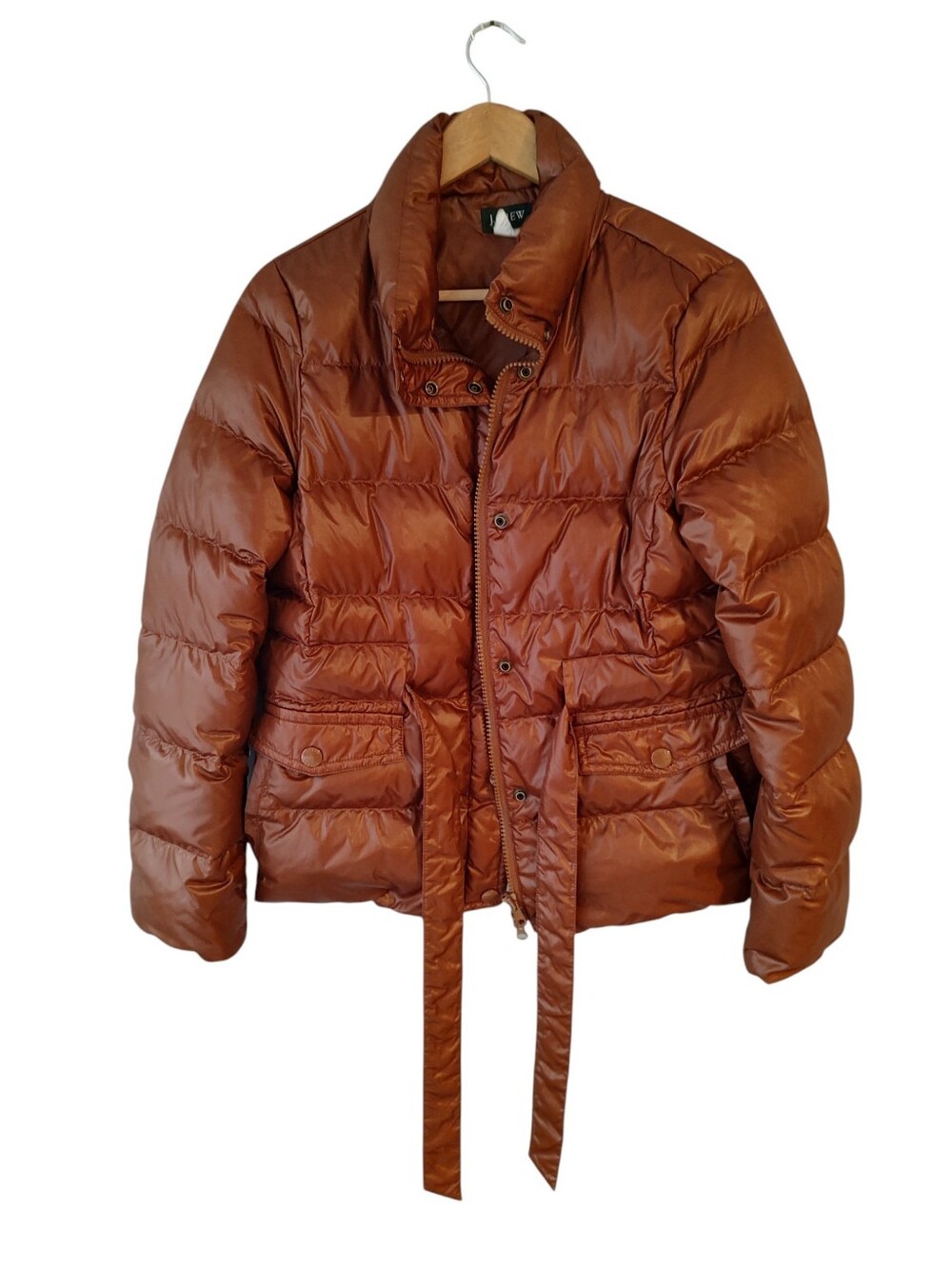 J. Crew Brown Quilted Puffer Jacket with waist Tie Size Large